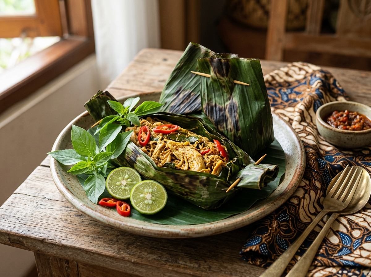 Pepes Ayam disajikan segar di atas daun pisang dengan rempah pilihan
