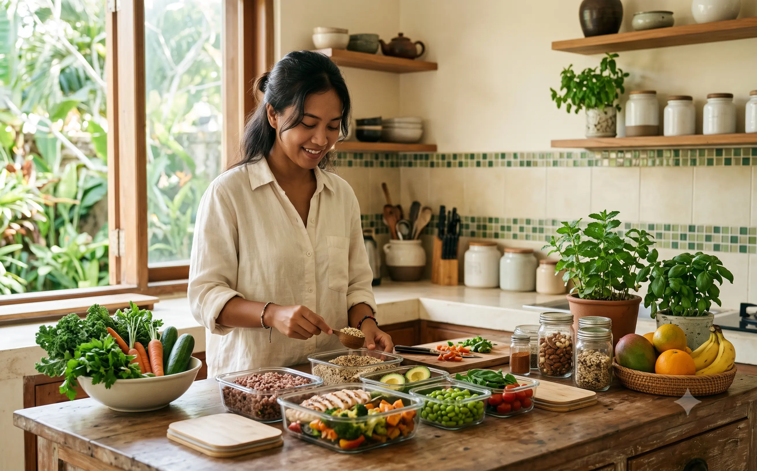 Perempuan menyiapkan bahan makanan sehat di dapur