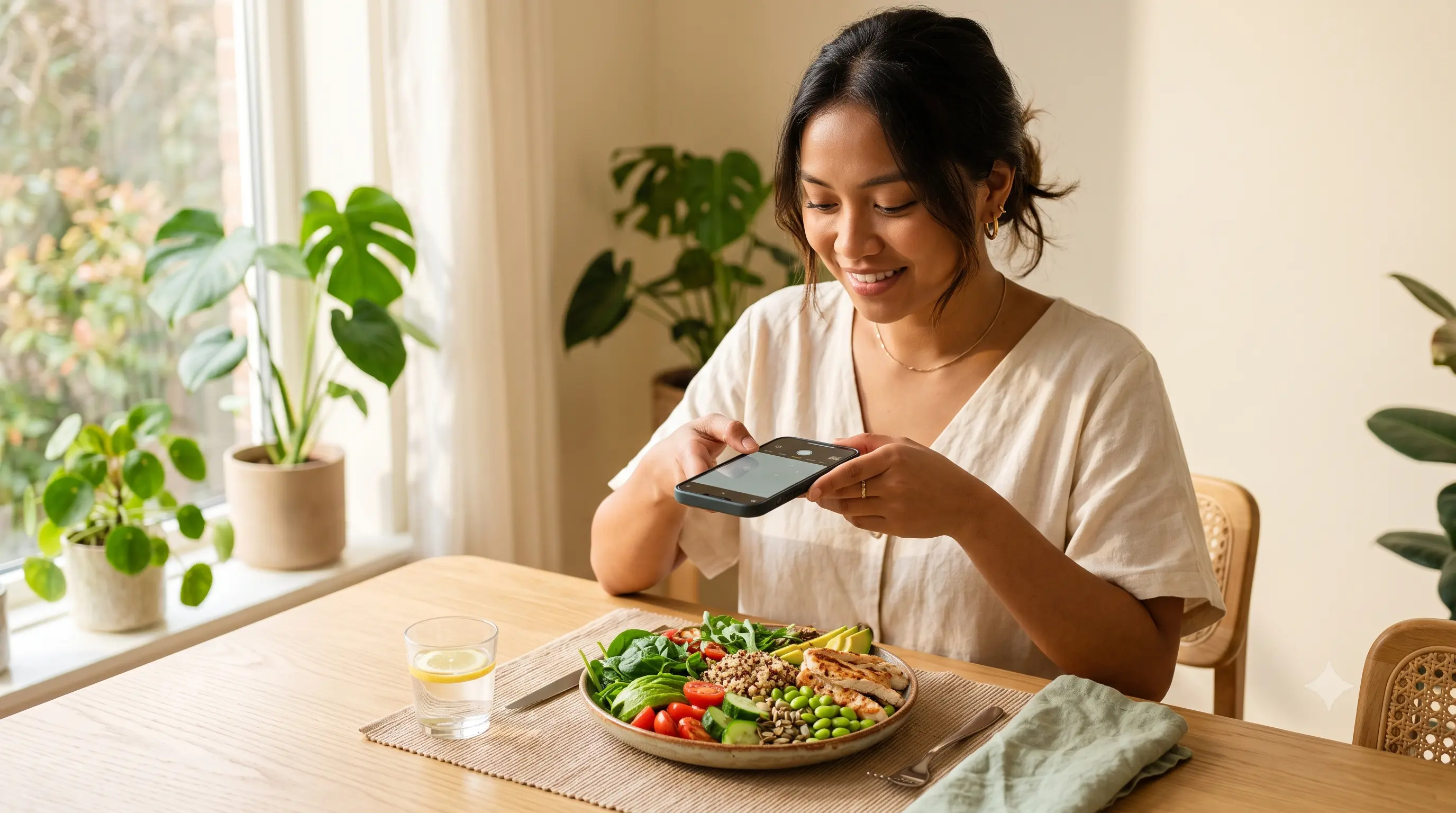 Perempuan memotret makanan sehat menggunakan ponsel