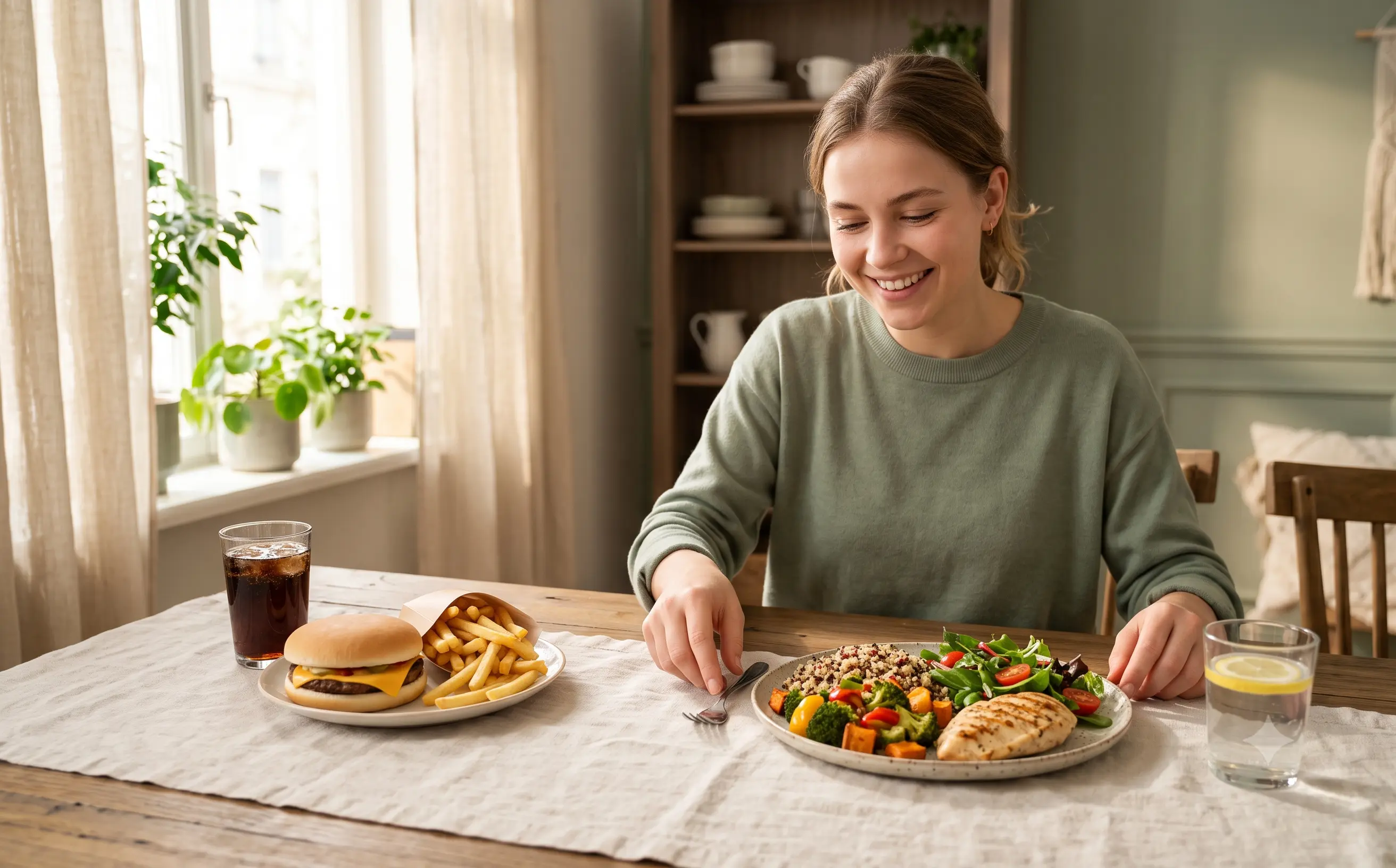 Perempuan membandingkan burger dan salad sebagai pilihan makanan